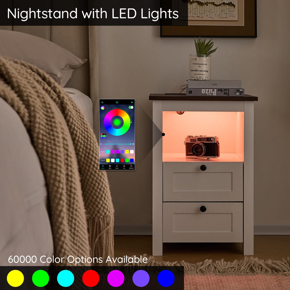 Mellolivin Farmhouse Nightstand with Charging Station and LED Lighting, End Table with 2 Drawers & Open Storage, Farmhouse Design White Bedside Table for Bedroom Mellolivin