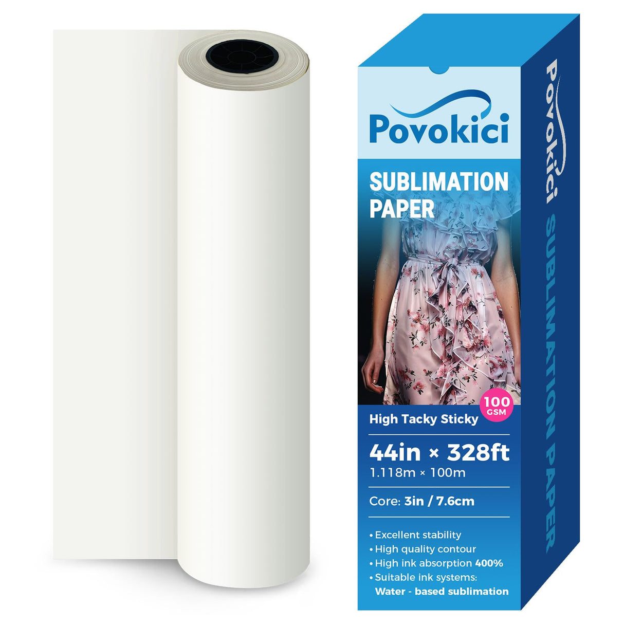 POVOKICI 44 Inch High Tacky Sticky Sublimation Paper 44" x 328´ 100gsm Sublimation Transfer Paper Roll for Polyester Clothing Spandex Textiles POVOKICI