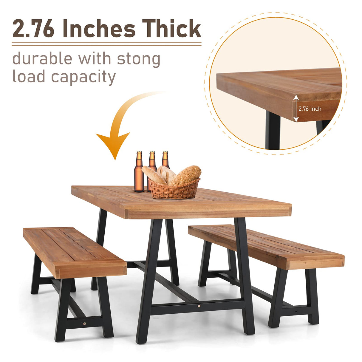 MFSTUDIO 3 Pieces Outdoor Patio Dining Set,Acacia Wood Table Bench Furniture Set with 1 Rectangular Picnic Wooden Table and 2 Benches for Backyard, Garden, Lawn-Teak Color MFSTUDIO