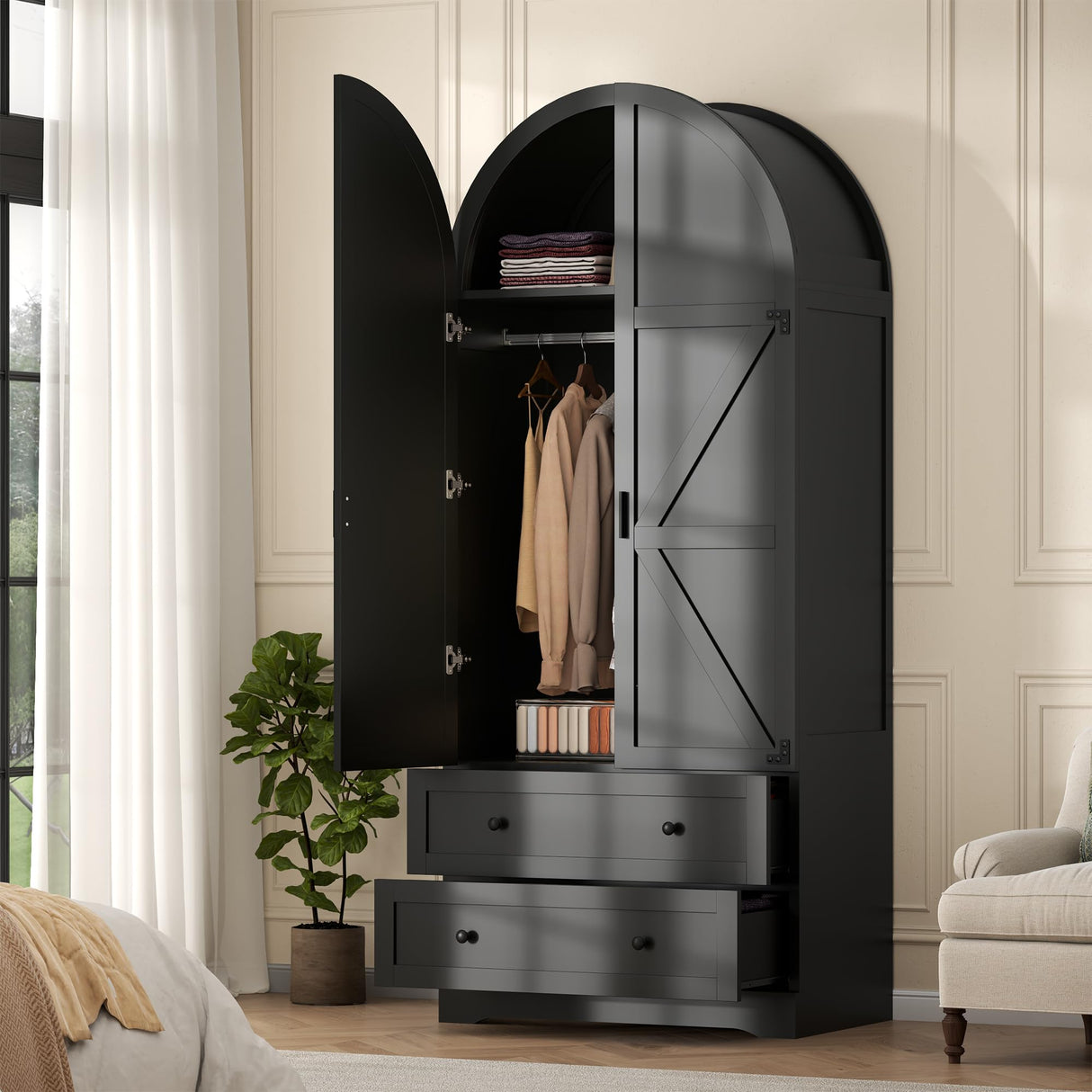 Gyfimoie 74.8" Black Armoire Wardrobe Closet with 2 Drawers and 2 Doors, Tall Bedroom Freestanding Armoire Storage Cabinet with Shelves, Wood Large Wardrobe Combination for Hanging Clothes (Black) Gyfimoie