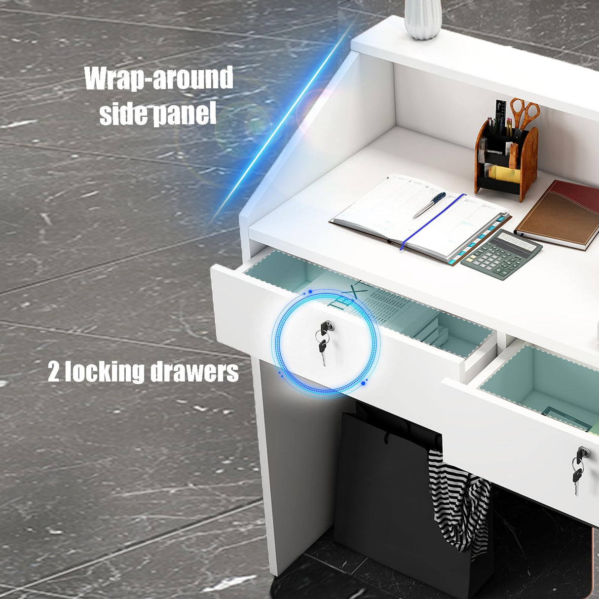 Reception Desk with Counter, Modern Front Desk with Lockable Drawers, White Retail Counter for Checkout Salon, Lobby, Store, Small Wood Cashier Table with Cable Grommet (White, 31x 14 x 36 inches) TEENKON