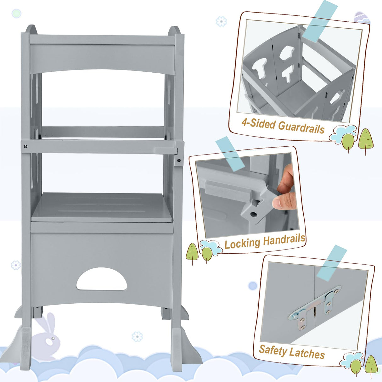 Costzon Toddler Tower, Foldable Kids Kitchen Step Stool w/Safety Rail, Height Adjustable Wood Standing Tower for Toddlers, Montessori Child Learning Tower for Bathroom, Kitchen Counter Costzon