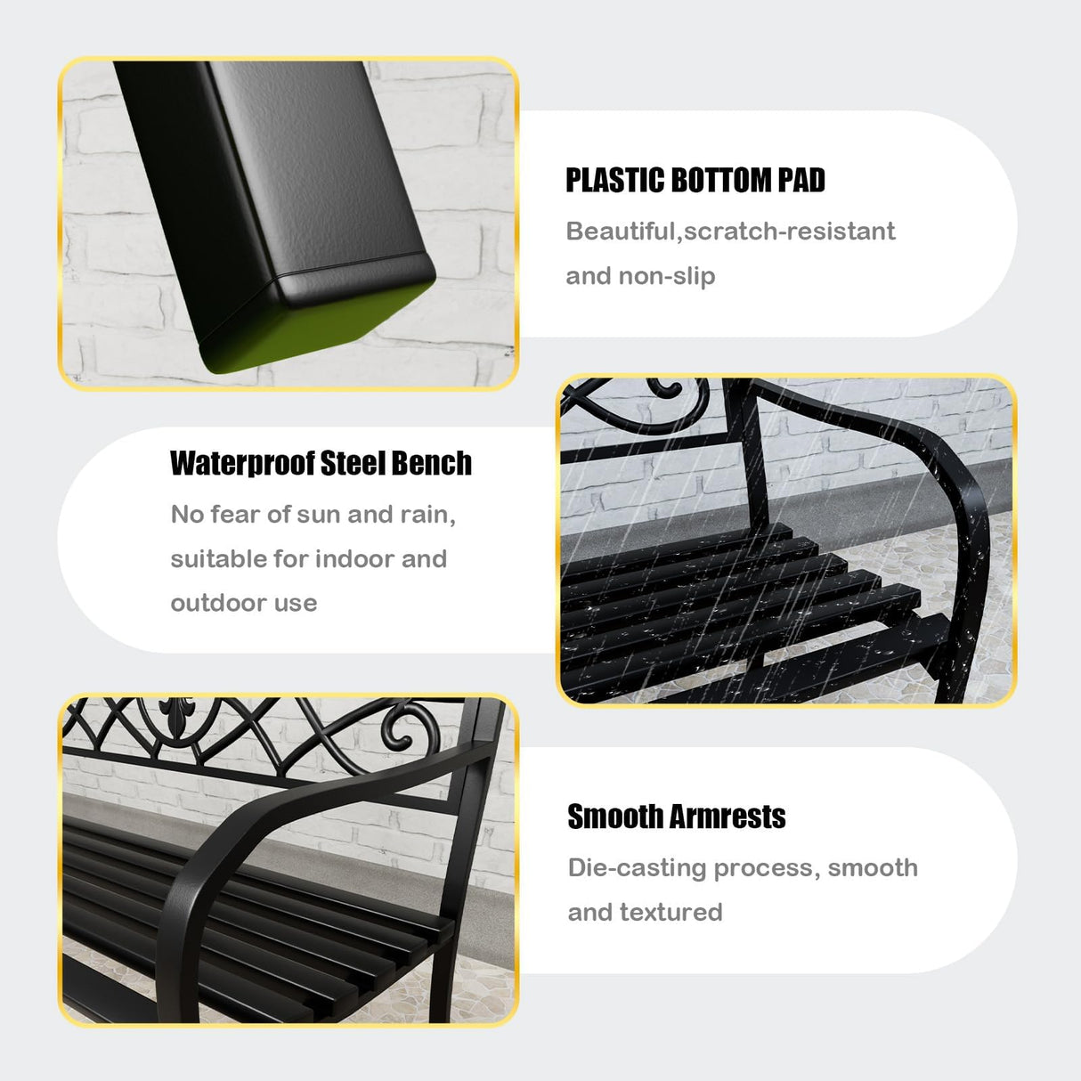 JMGJOY Classic Wrought Iron Outdoor Bench, Metal Weatherproof Garden Bench with Ergonomic Backrest and Armrests, for Patio, Porch, Park, Lawn JMGJOY