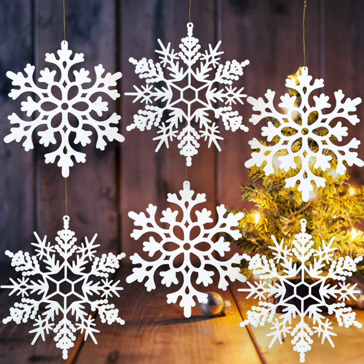6pcs Large White Snowflakes Ornaments 12” Big Plastic Glitter Snowflake for Winter Indoor Outdoor Christmas Tree Window Room Decorations Giant Craft Snowflakes kockuu