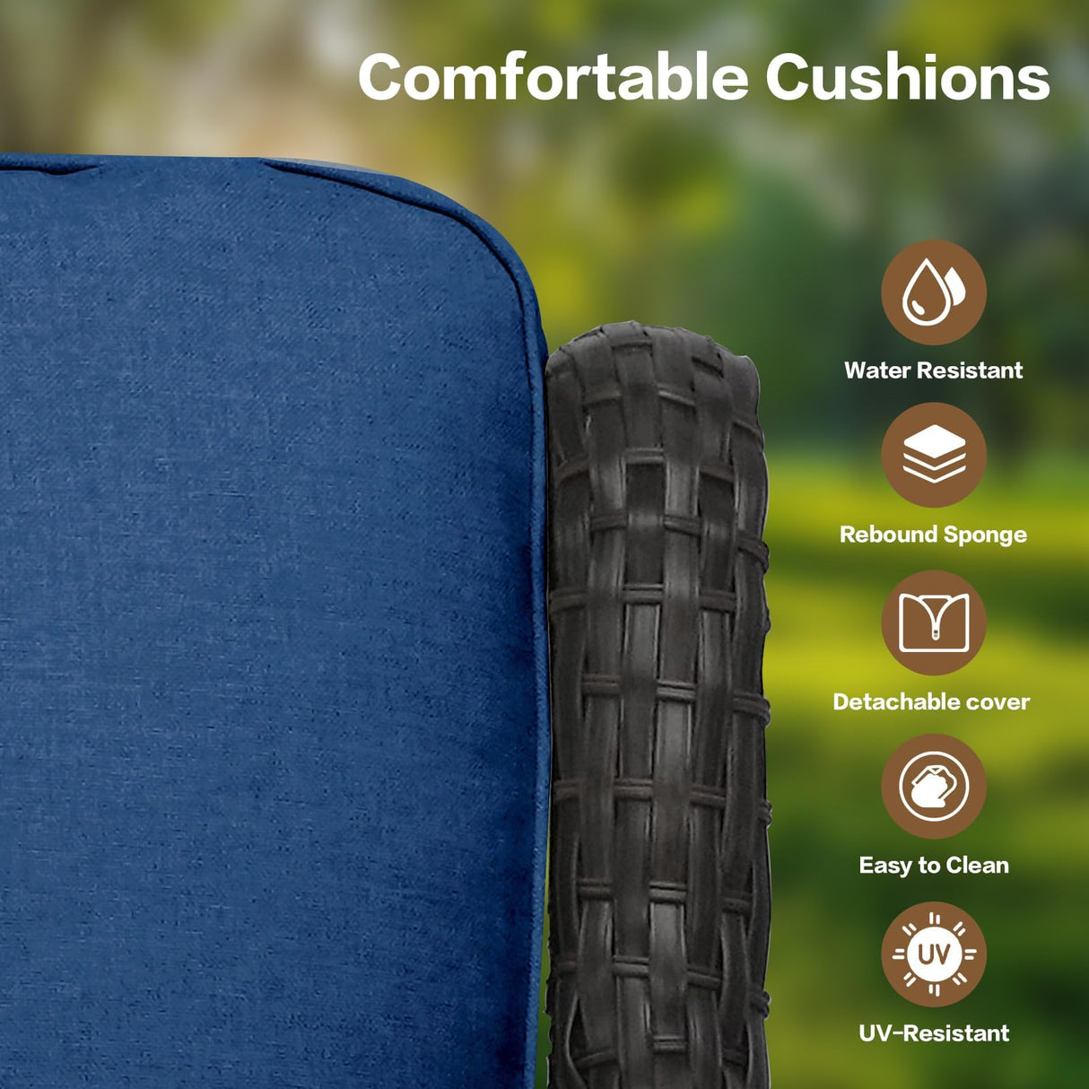 XTWEEX 7 Pieces Outdoor Patio Furniture Conversation Set Rattan Wicker with Fire Pit Table, 3 Seat Sofa, 2 Swivel Rocker Chairs, 2 Ottomans and 1 Side Table for Yard Backyard BNB (Brown/Navy Blue) XTWEEX