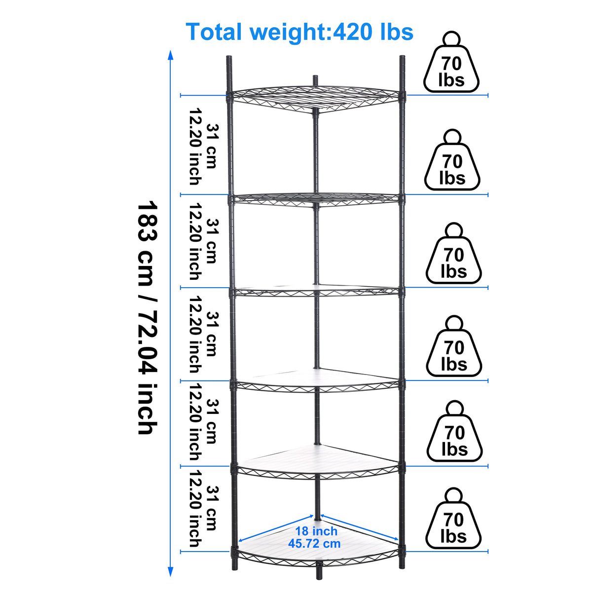 6 Tier NSF Metal Corner Shelf Wire Shelving Unit, 420lbs Capacity Heavy Duty Adjustable Storage Rack with Shelf Liners for Closet Kitchen Bathroom Garage Basement, 72" H x 18" L x 18" D - Black pouseayar