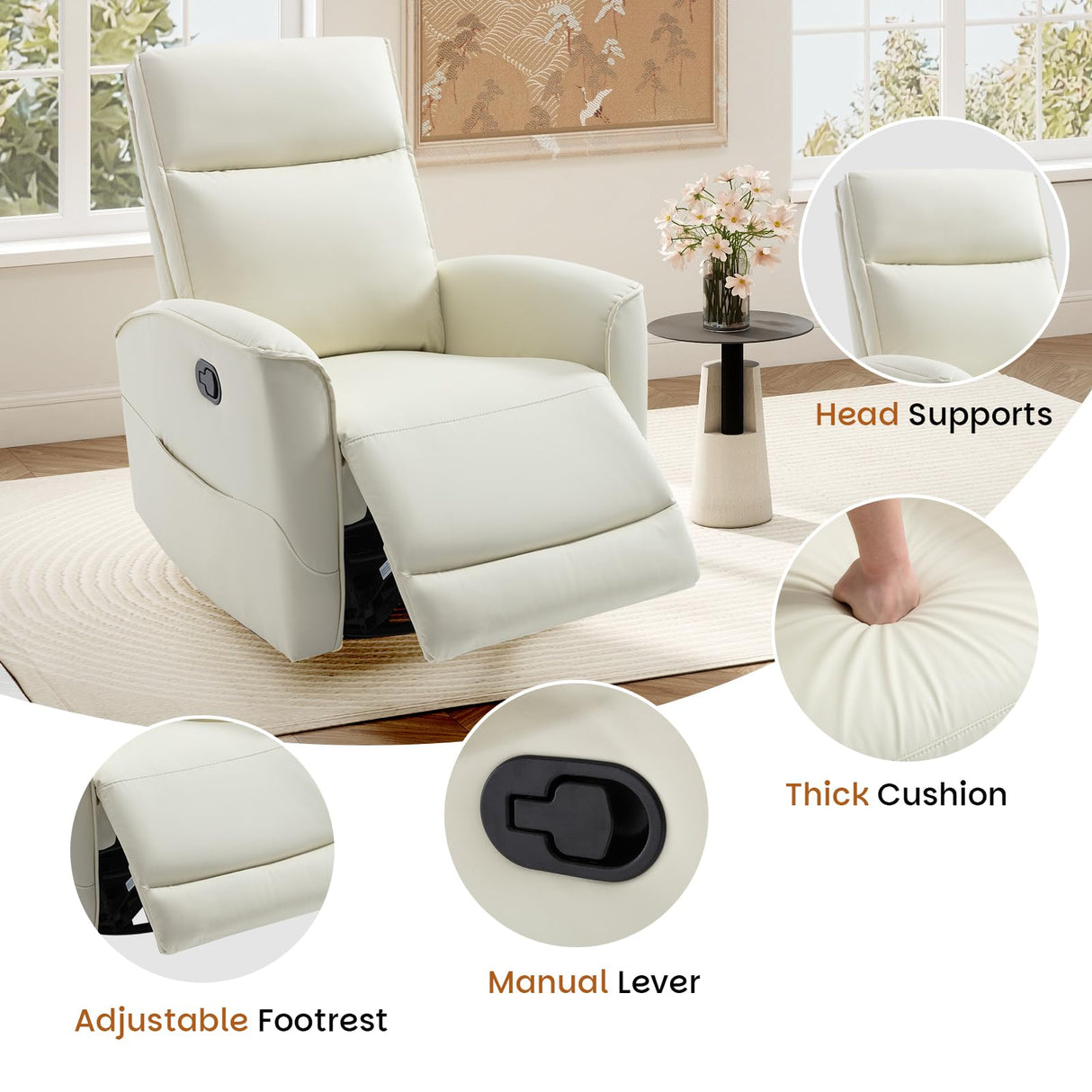 CANMOV Rocker Recliner Chair,360°Swivel Nursery Glider Recliner,Manual Recliner Sofa with Padded Armrest and Backrest,Leather Recliner for Small Spaces,Living Room,Bedroom,White CANMOV