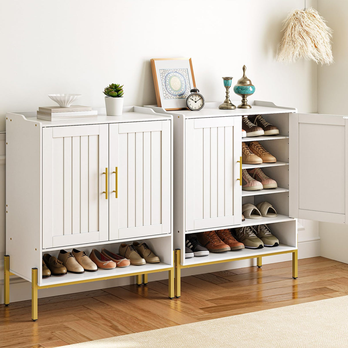 HOOBRO Shoe Cabinet, 5-Tier Shoe Storage Organizer with Doors, Wooden Shoe Cabinet Storage for Entryway, Freestanding Shoe Rack Cabinet with 3 Adjustable Shelves for Hallway, Gold and White DW41SC01 HOOBRO