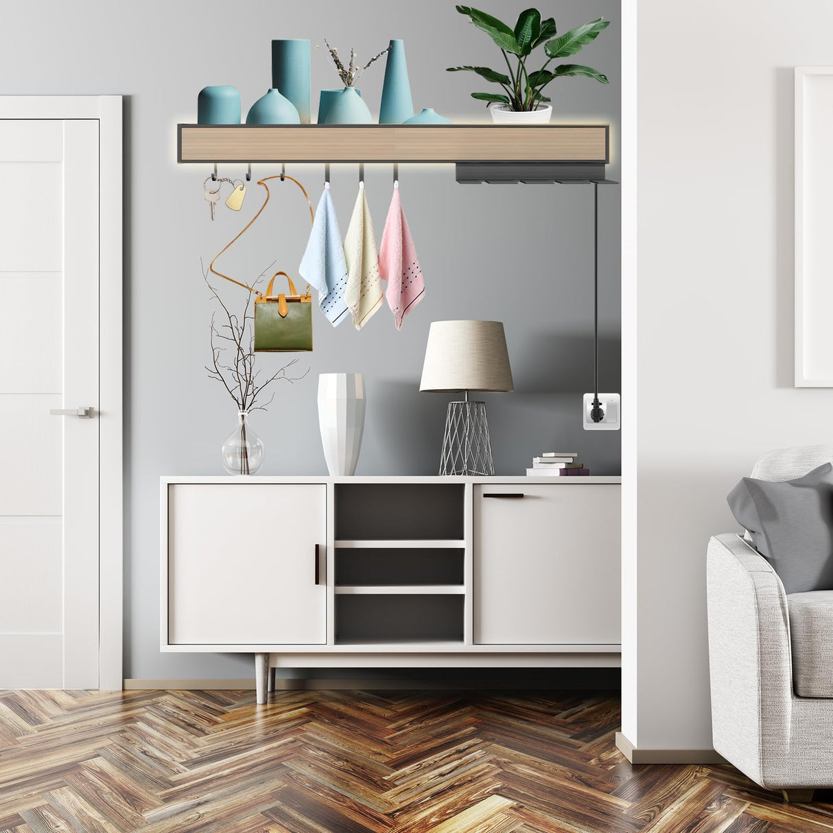 Floating Display Shelf with LED Light, 39 Inch Wall Mounted Wine Rack, Bar Unit Floating Shelves with 4 Wine Glass Holder, Light-Emitting Storage Display Stand for Entrance Kitchen Dining Room SLVUAFRN