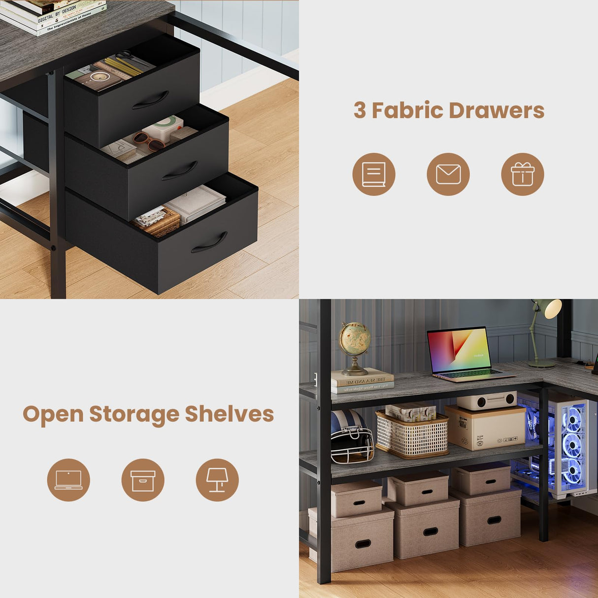 BTHFST Full Size Loft Bed with L-Shaped Desk and 3 Storage Drawers, LED Lights & Charging Station, Open Storage Shlef, Metal Loft Bed Frame with Solid Slats and Guardrail, Space Saving, Grey BTHFST