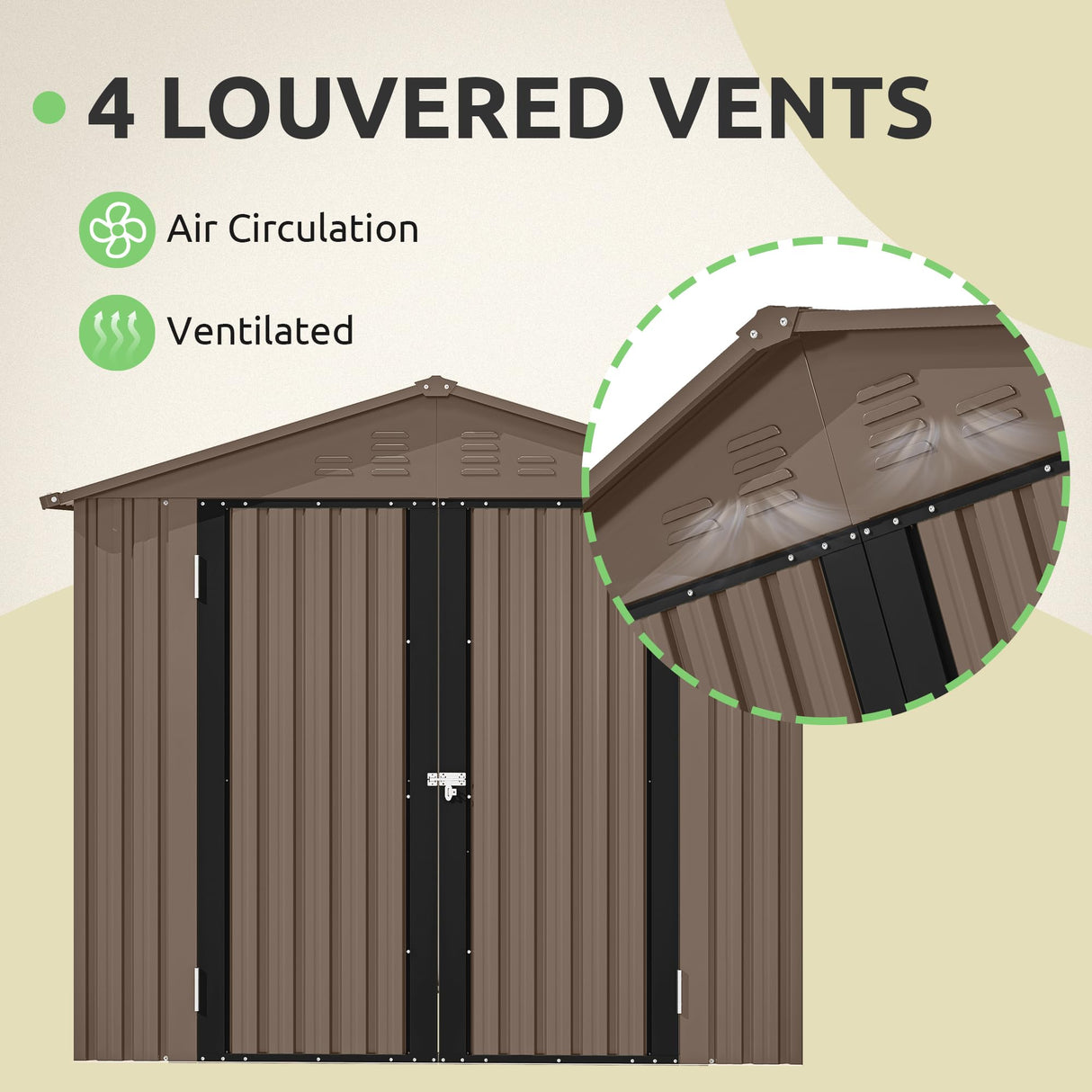 GOOBED 6x4FT Garden Storage Shed with Lockable Door and Vents, Metal Outdoor Tool Shed for Patio Lawn, and Backyard, Ideal for Storing Bikes, Trash Bins, Tools and Equipment, Brown GOOBED