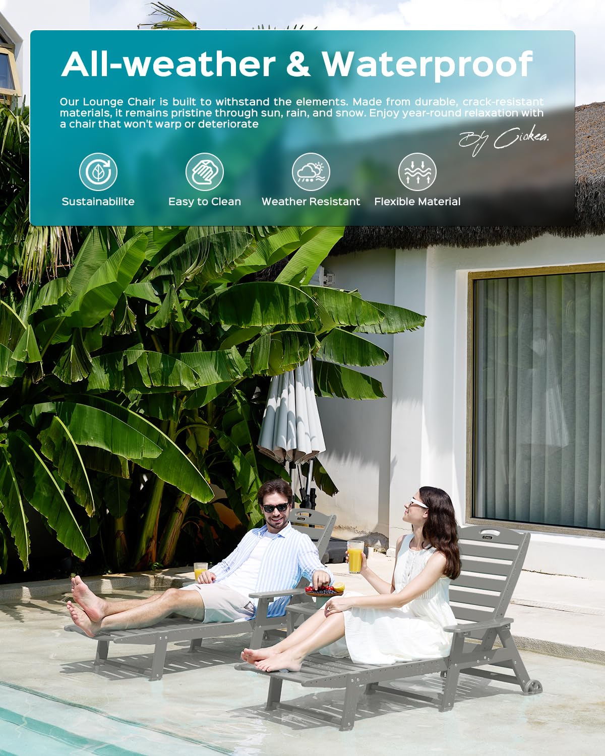 Lounge Chair Outdoor, Oversized Chaise Lounge Chair with 5 Positions, HDPE, Patio Lounge Chair with Wheels & Cup Holder for Pool, Deck, Poolside, Grey Ciokea