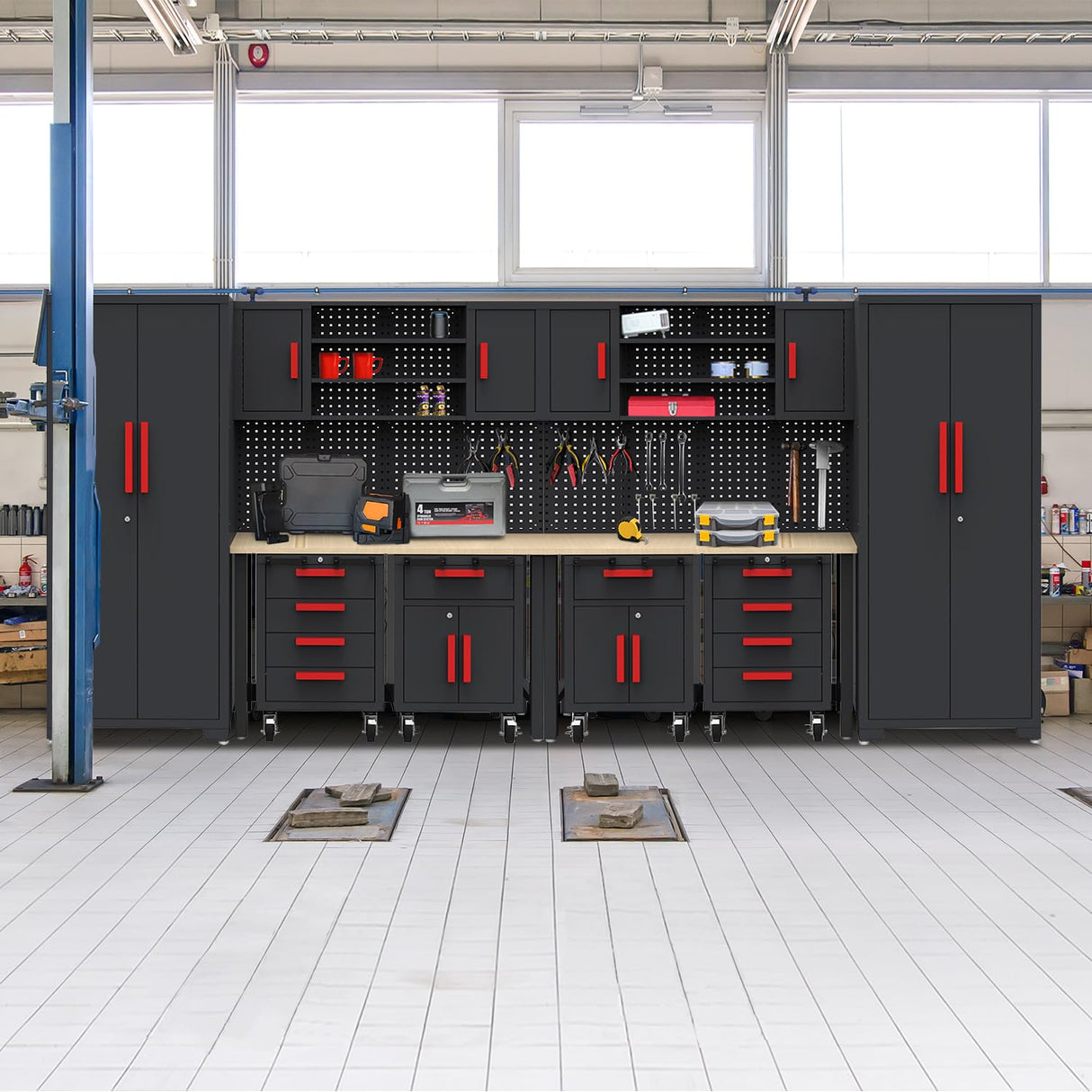 HPDMC Garage Storage Cabinet System - 2 * 6-Pcs Workshop Set with Steel Cabinet Drawers, Rolling Chest, Workbench, Pegboard for Tool Organization HPDMC