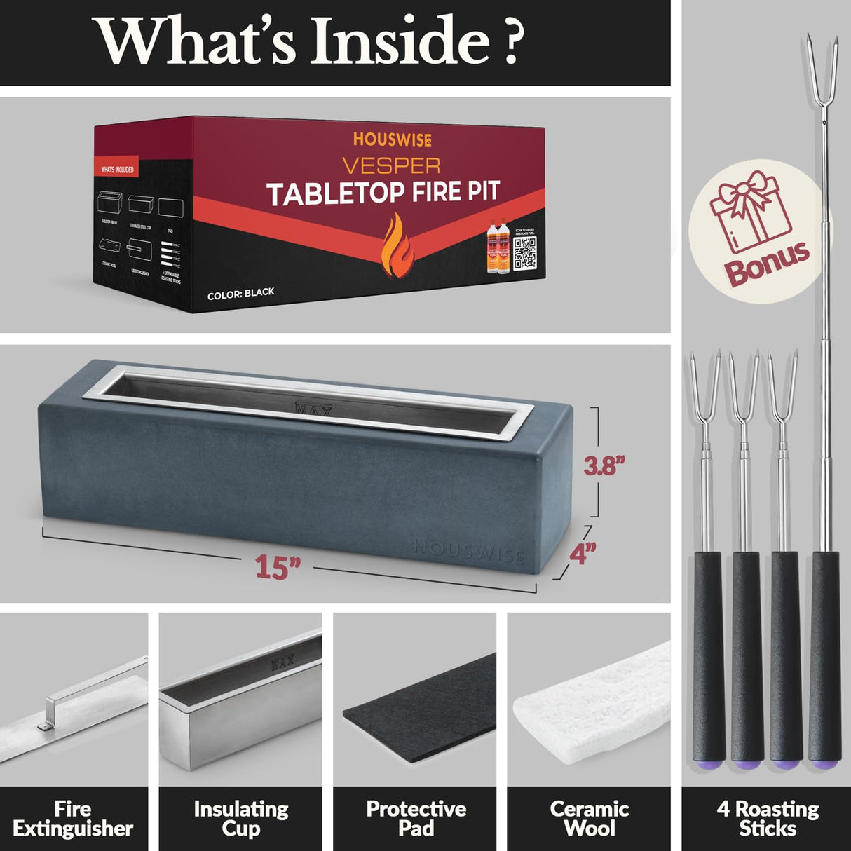 Houswise Tabletop Fire Pit - Concrete Outdoor & Indoor Fire Pit Tabletop, Smores Maker Kit, Table Top Firepit, Small Portable Mini Indoor Fireplace Houswise