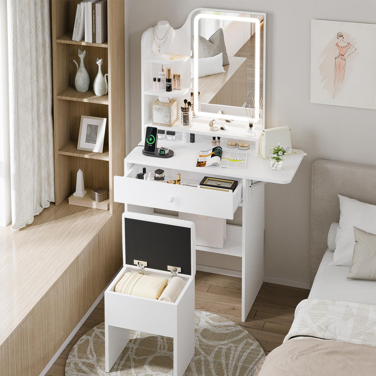 Haewon White Small Vanity Desk Set with Mirror and Lights, Mini Makup Table with Chargin Station and Storage Chair for Compact Space Bedroom Haewon