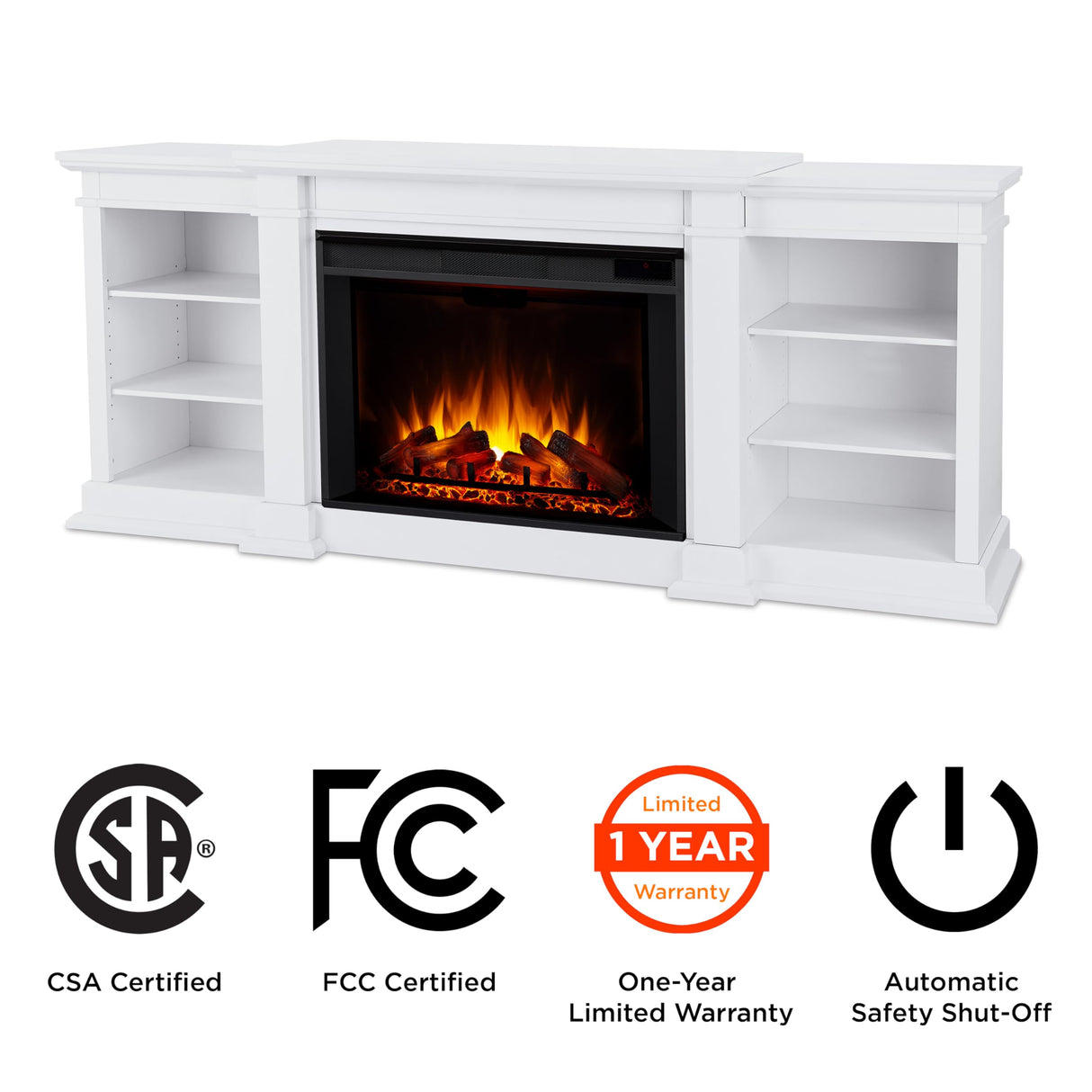 Real Flame Eliot 81" Grand Electric Fireplace TV Stand in White for TVs up to 80 inches, Entertainment Center with Adjustable Shelves and Storage, TV Stand for Living Room and Bedroom, Remote Control Real Flame