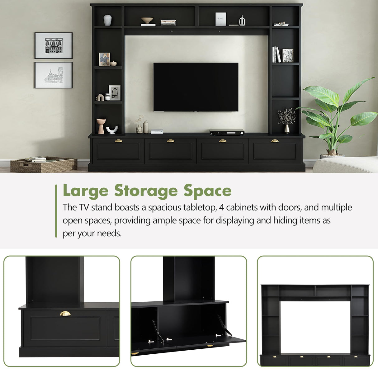 Merax Large Wall Unit Entertainment Center with Bookshelves for Televisions Up to 78'', Modern 4-in-1 TV Stand with Cabinets, Open Shelves and Golden Handles, Black, 104.2''W*81.2''H Merax