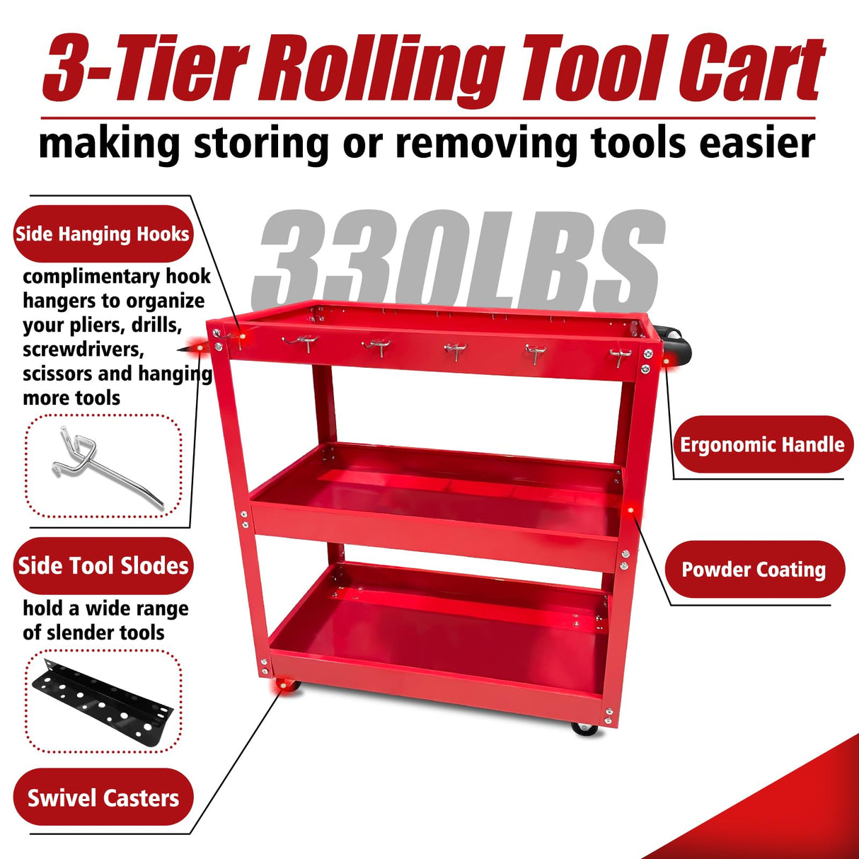 YATOINTO 3-Tier Rolling Tool Cart, Metal Rolling Cart with Side Hooks Wheels, 330LBS Heavy Duty Utility Carts, Handle Rolling Mechanic Tool Cart YATOINTO