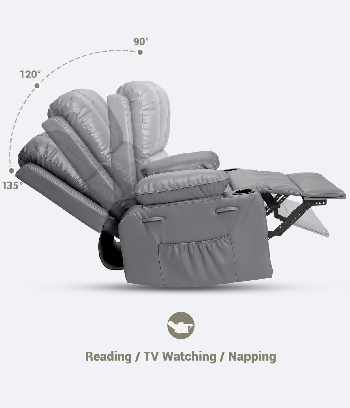dainslef 22'' Manual Recliner Chair for Adults, PU Leather Recliner with Cup Holders and Side Pockets, Ergonomic Design for Nursery, Living Room, Bedroom, and Home Theater, Grey dainslef