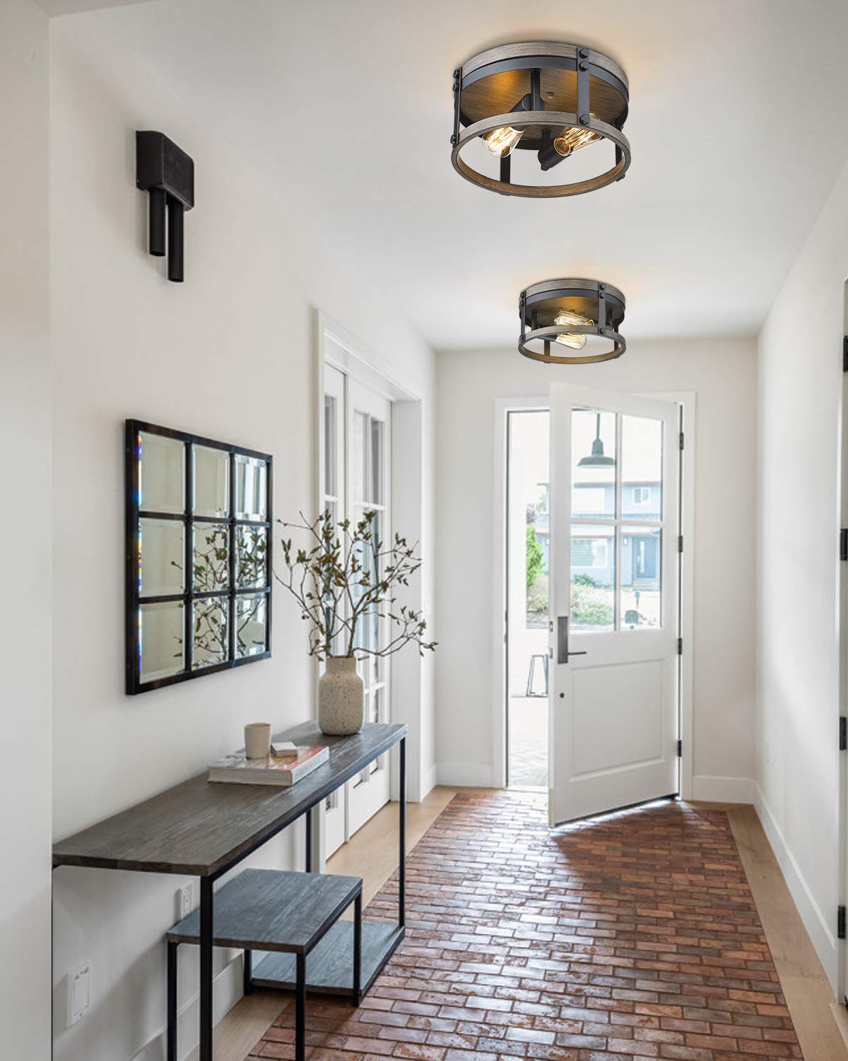 Osimir 2-Light Farmhouse Flush Mount Ceiling Light, 12 inch Kitchen Ceiling Light, Round Rustic Light Fixtures with Black & Wood Grain Finish for Entryway Hallway, OS-3016BK Osimir