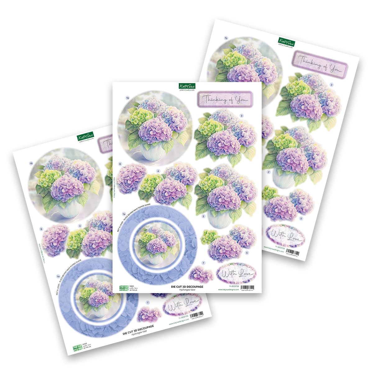 Katy Sue Designs Thinking of You 3D Die Cut Decoupage Collection for Card Making Supplies. Contains 12 Sheets of Katy Sue Die Cut Decoupage Featuring Lavender, Lillies, Hydrangea, and Roses Katy Sue