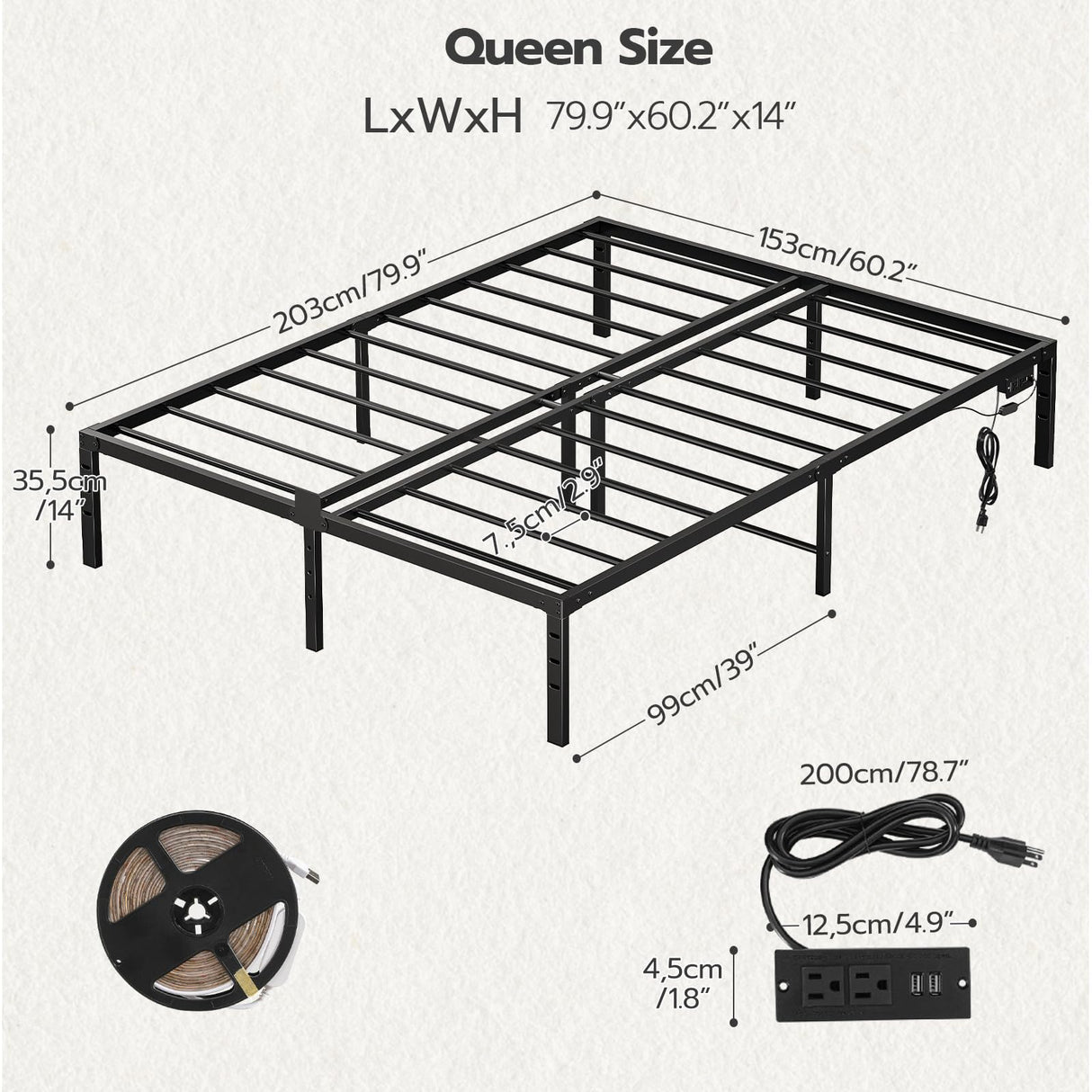 HOOBRO Queen Bed Frame with Smart LED Lights and Integrated Charging Station HOOBRO