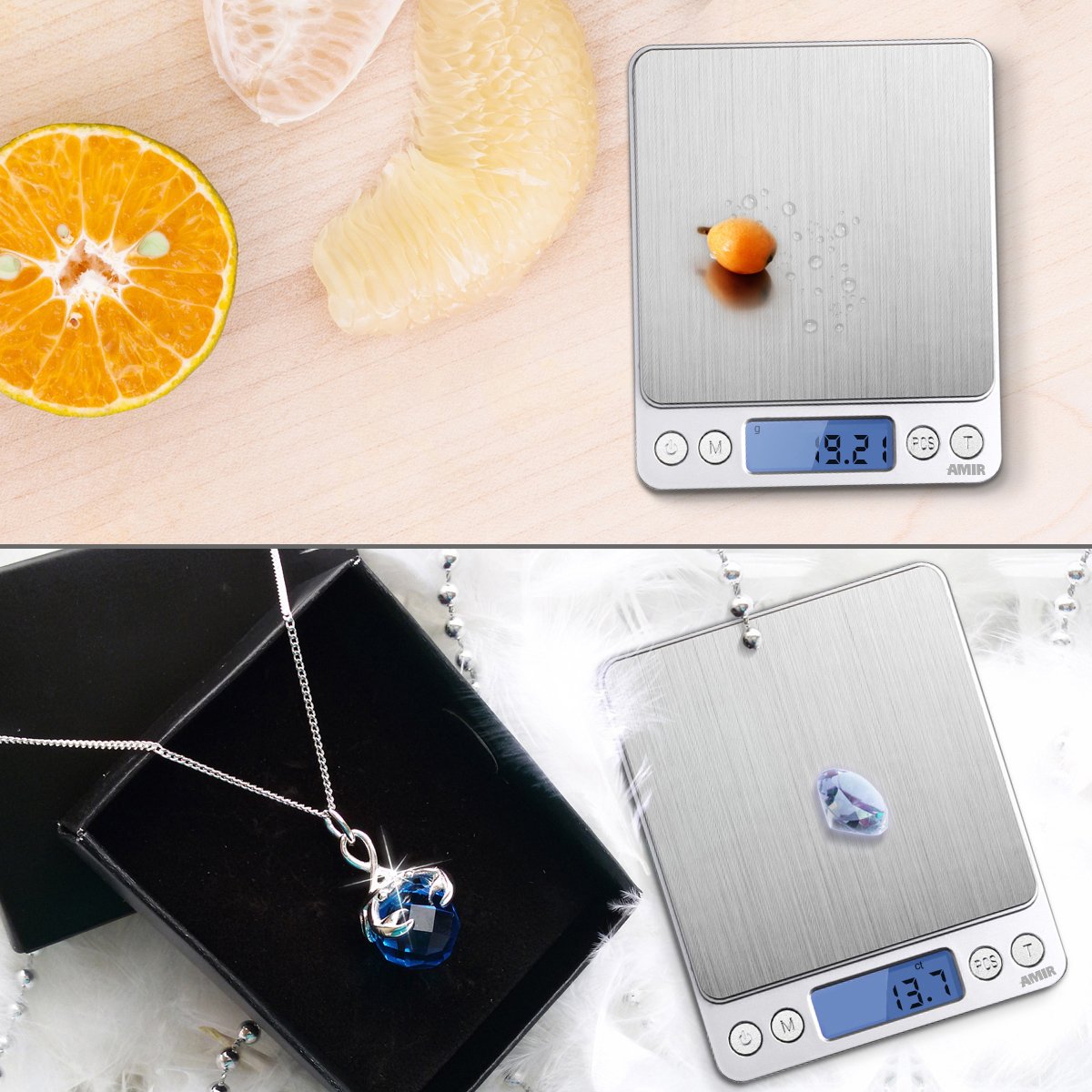 (Upgraded) AMIR Digital Kitchen Scale, 500g Mini Pocket Jewelry Scale, Food Scale, Coffee Scale, Back-Lit LCD Display, 2 Trays, 6 Units, Auto Off, Tare, PCS, Stainless Steel (Batteries Included) AMIR