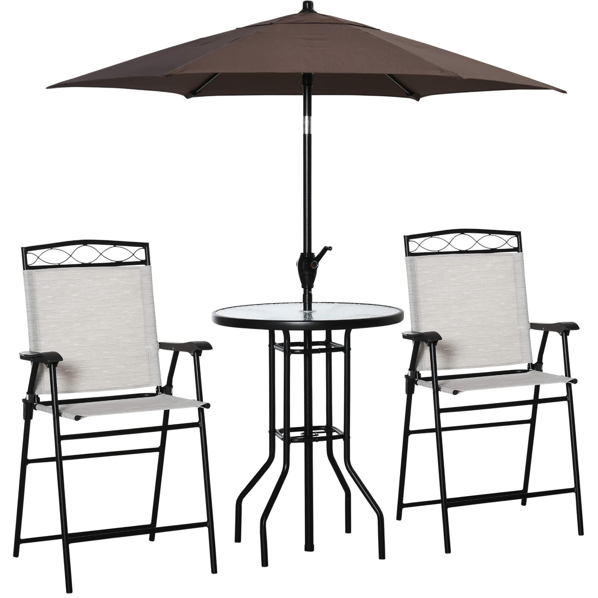 Outsunny 4 Piece Outdoor Patio Dining Furniture Set, 2 Folding Chairs, Adjustable Angle Umbrella, Wave Textured Tempered Glass Dinner Table, Beige Outsunny