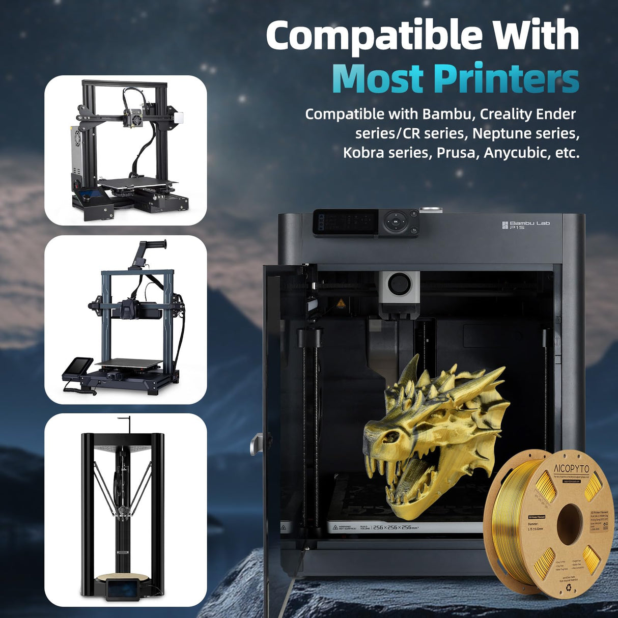 AICOPYTO Dual Color Silk PLA 3D Printer Filament 1.75mm,Dual Color 2-in-1 Gold-Black Silk Filament 1KG Spool (2.2lbs) Dimensional Accuracy Probability +/- 0.02mm Fit Most FDM 3D Printers, Black-Gold AICOPYTO