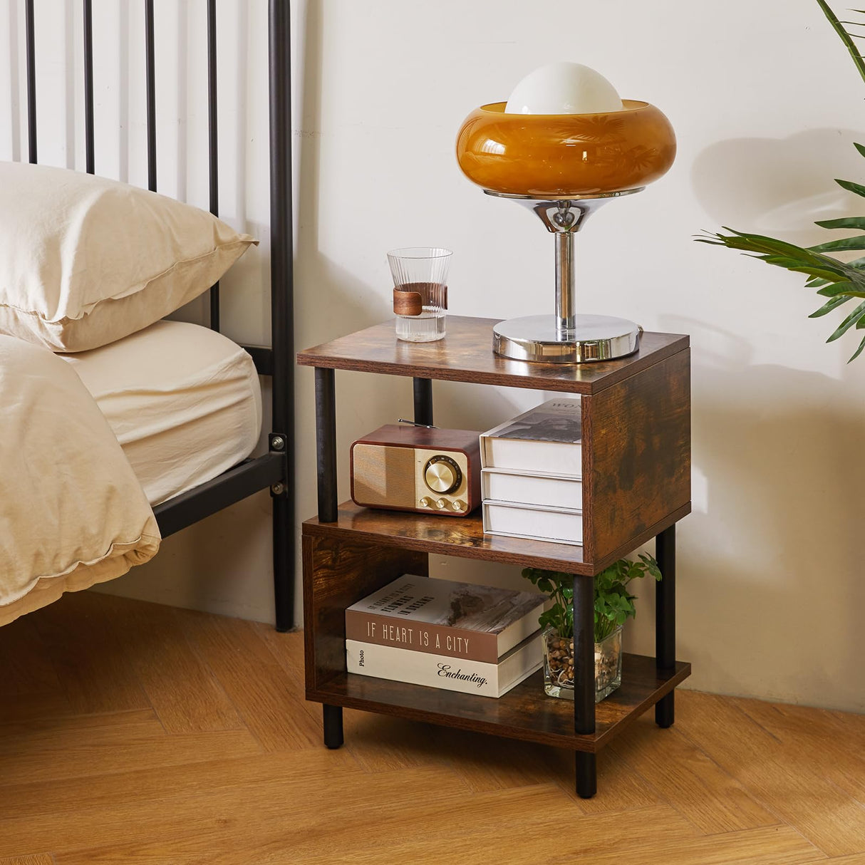 Aibiju Side Table for Bedroom, Narrow End Table Small, Mid-Century Modern Nightstand with Open Storage Shelf, Small Table Rustic Brown/Black YD-TM152H Aibiju