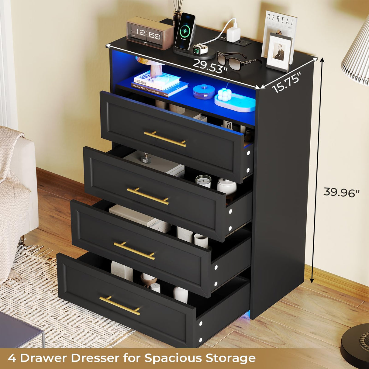 AOGLLATI Black Dresser for Bedroom with Charging Station, Chest of Drawer with Dual Led Light,4 Drawer Dresser, Modern Bedroom Led Wood Wide Dresser for Bedroom AOGLLATI