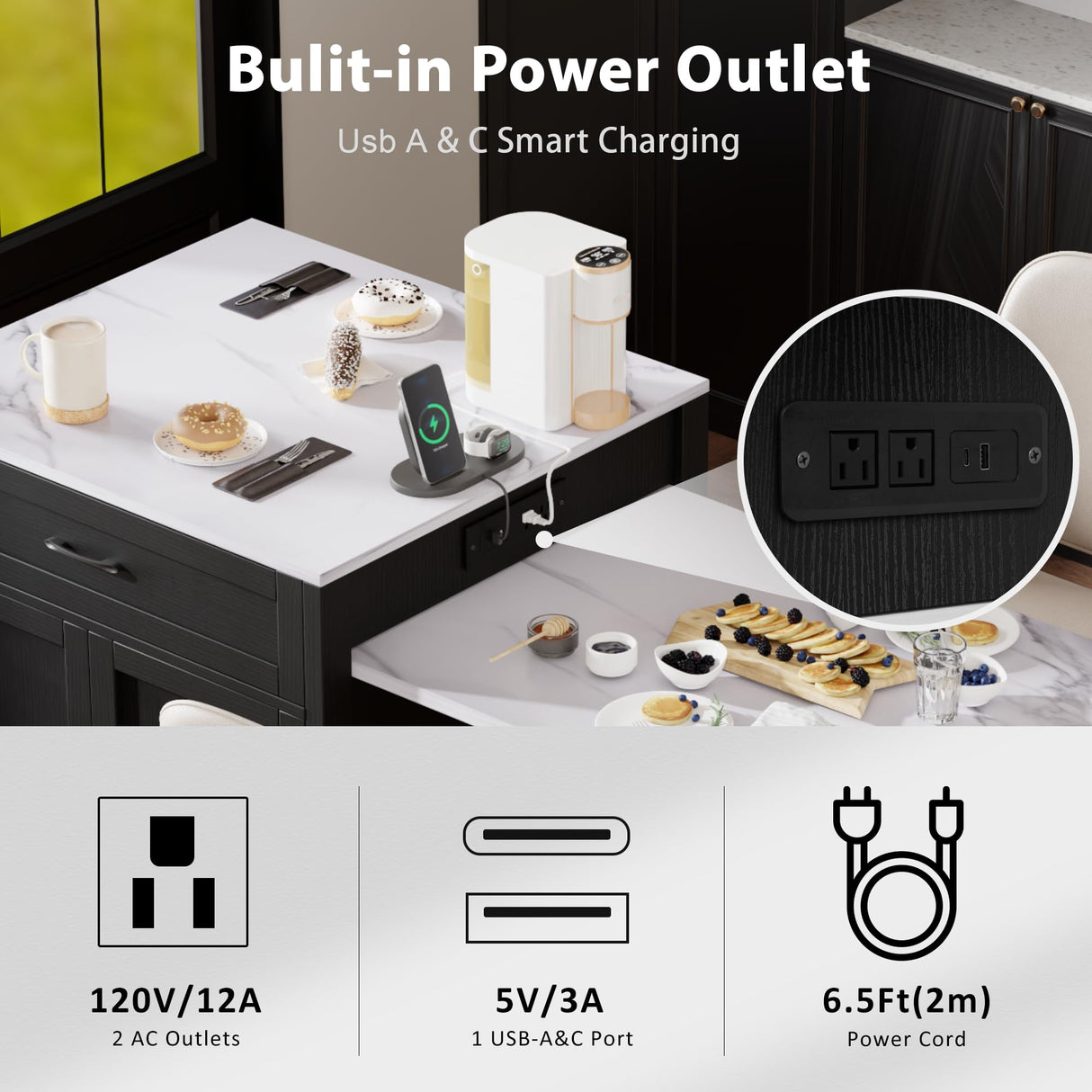 Quarte Modern Kitchen Island with Extendable Dining Table for 4-6 Person,Faux Mable Kitchen Table with Double-Sized Storage,Power Outlet,Storage 2 Drawers 2 Side Open Shelves (Black+Table) Quarte