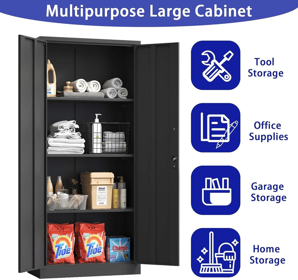 Metal Storage Cabinet with Lock, 71" Lockable Garage Tool Cabinet with Doors and Shelves, Tall Steel Cabinet for Garage, Heavy-Duty Black File Cabinet for Home Office, Gym, School (Black, 71") Ochangqi