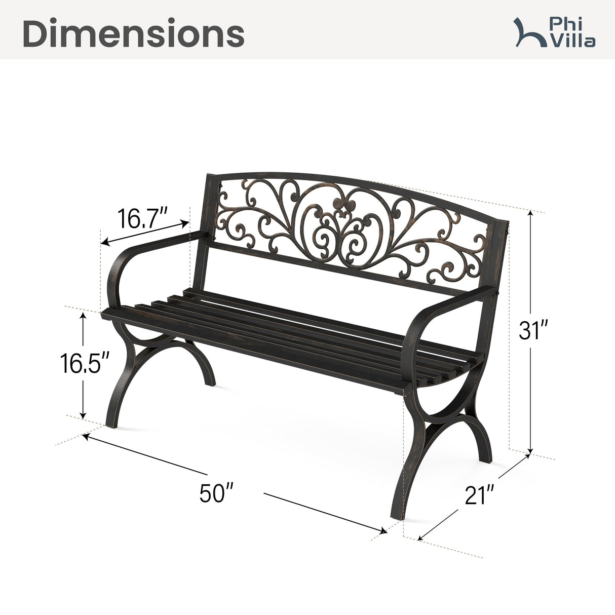 PHI VILLA 50" Garden Bench Outdoor Bench Patio Bench for Outdoors Metal Porch Steel Frame Furniture for Yard PHI VILLA