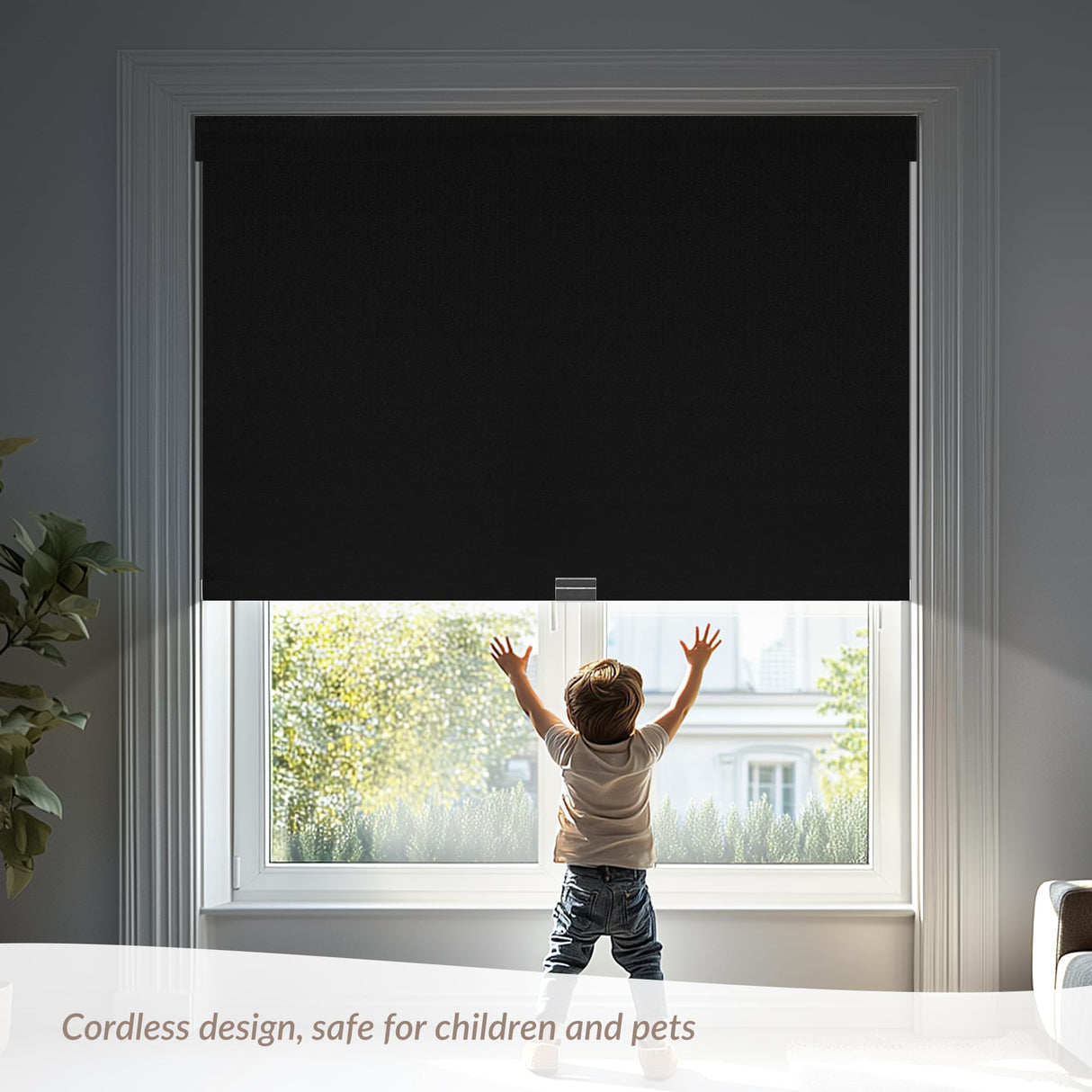 MoDanCeQ Blackout Roller Shades for Windows - Cordless Linen Fabric Roller Blinds, Thermal Insulated, UV Protection, Custom Window Shades for Home, Office, Door, Black, Custom Sizes MoDanCeQ