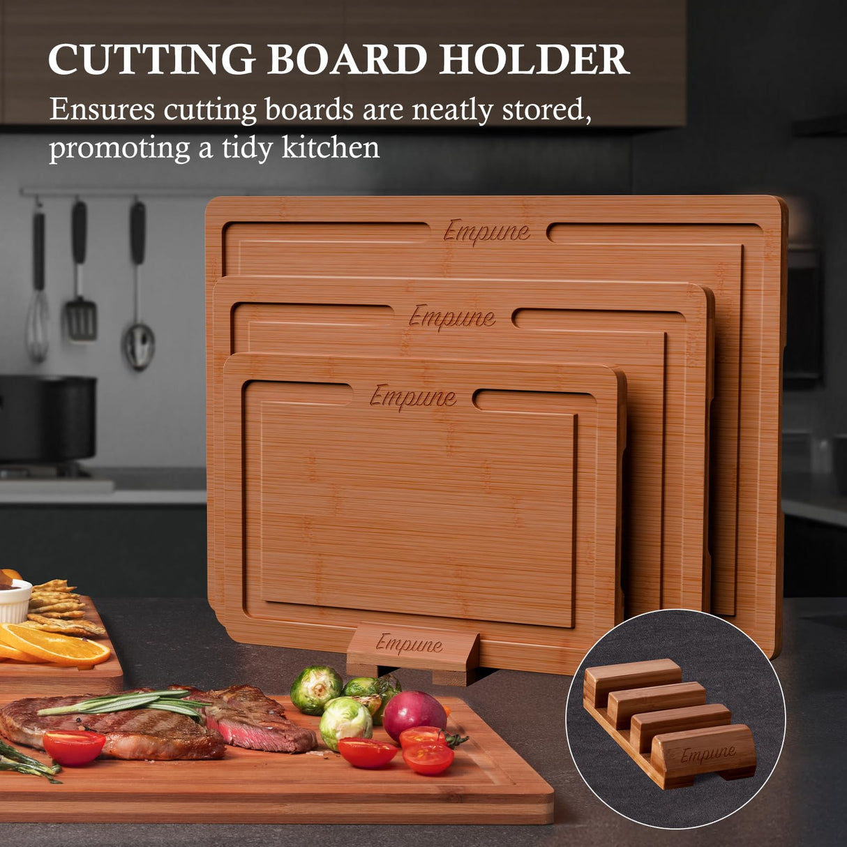 Empune Bamboo Cutting Board Set, Wood Cutting Boards for Kitchen with Holder Wooden Chopping Board for Meal Prep & Serving Empune