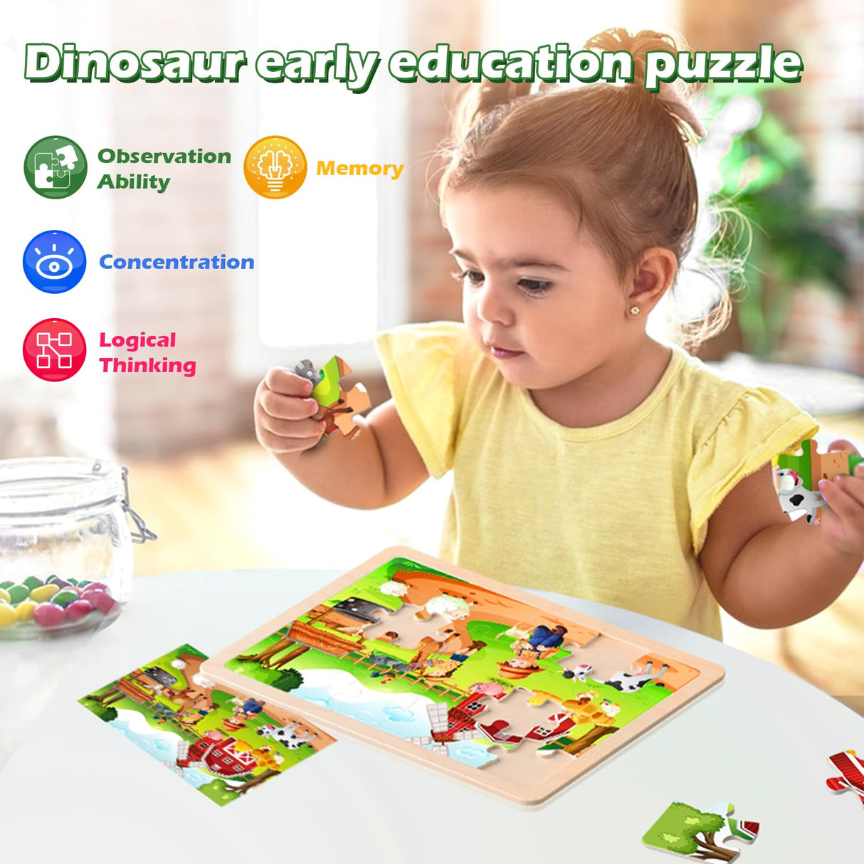 TQU Wooden Puzzles Toys for Kids Ages 4-6 3-5, Set of 4 Packs with 24-Piece, Farm, Zoo, Insects, Sea Animals Wood Jigsaw Puzzles, Preschool Educational Brain Teaser Toys TQU
