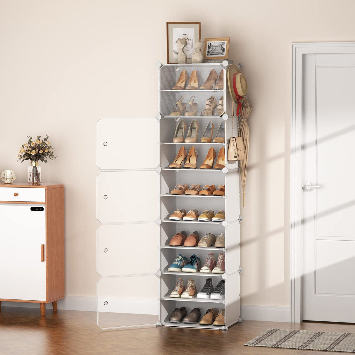 LANTEFUL 10 Tiers Tall Shoe Rack 20 Pair Shoe Organizer Narrow Shoe Rack with Door Portable Shoe Storage Cabinet with Hooks Sturdy Plastic White Shoe Shelf for Entryway and Bedroom LANTEFUL