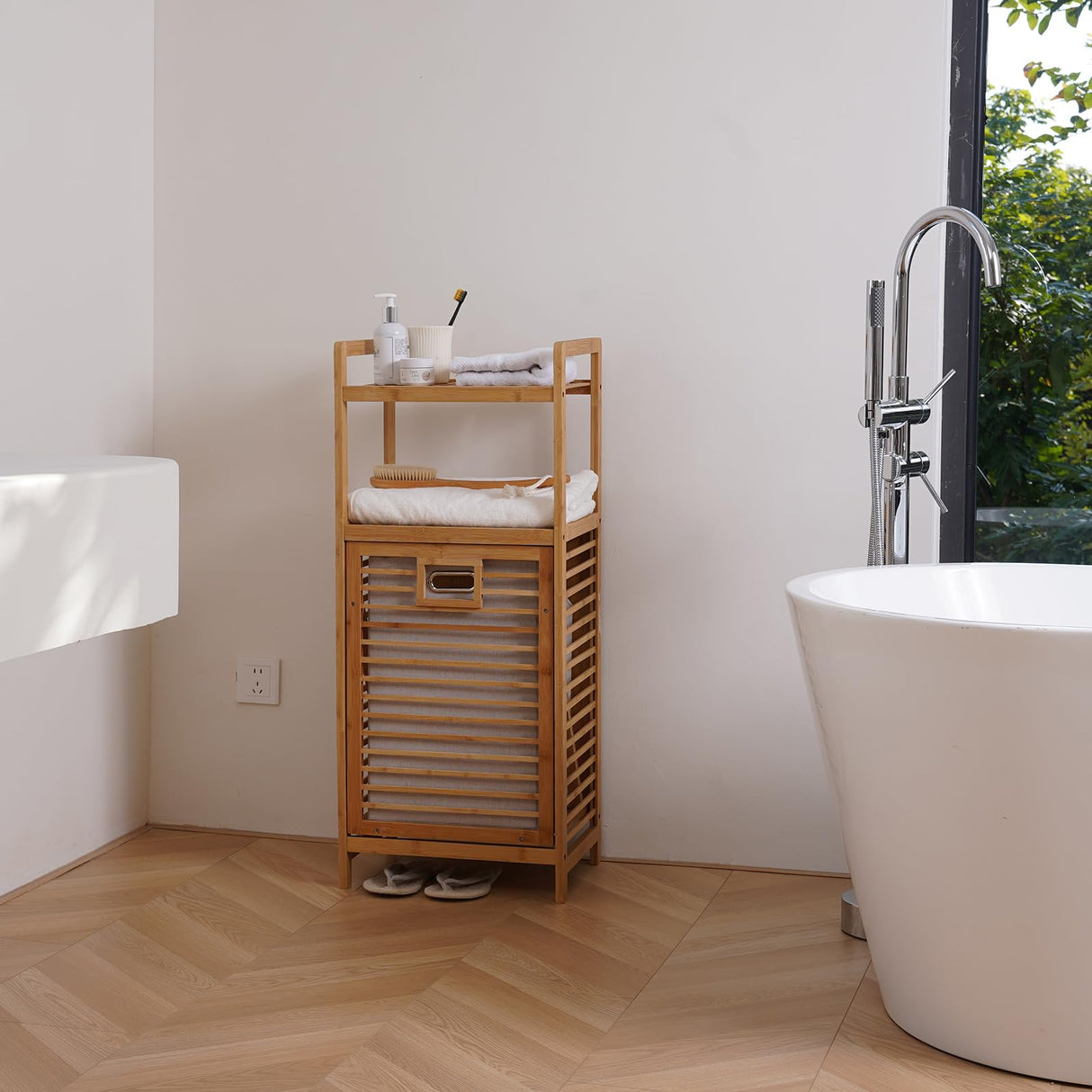 Baveke Laundry Hamper with 2-Tier Shelves & Tilt Out Basket, Laundry Baskets Organizer Hampers Bathroom Storage Shelf for Laundry Room, Bathroom, Nursery, Bedroom (Small - 15.75 in) Baveke