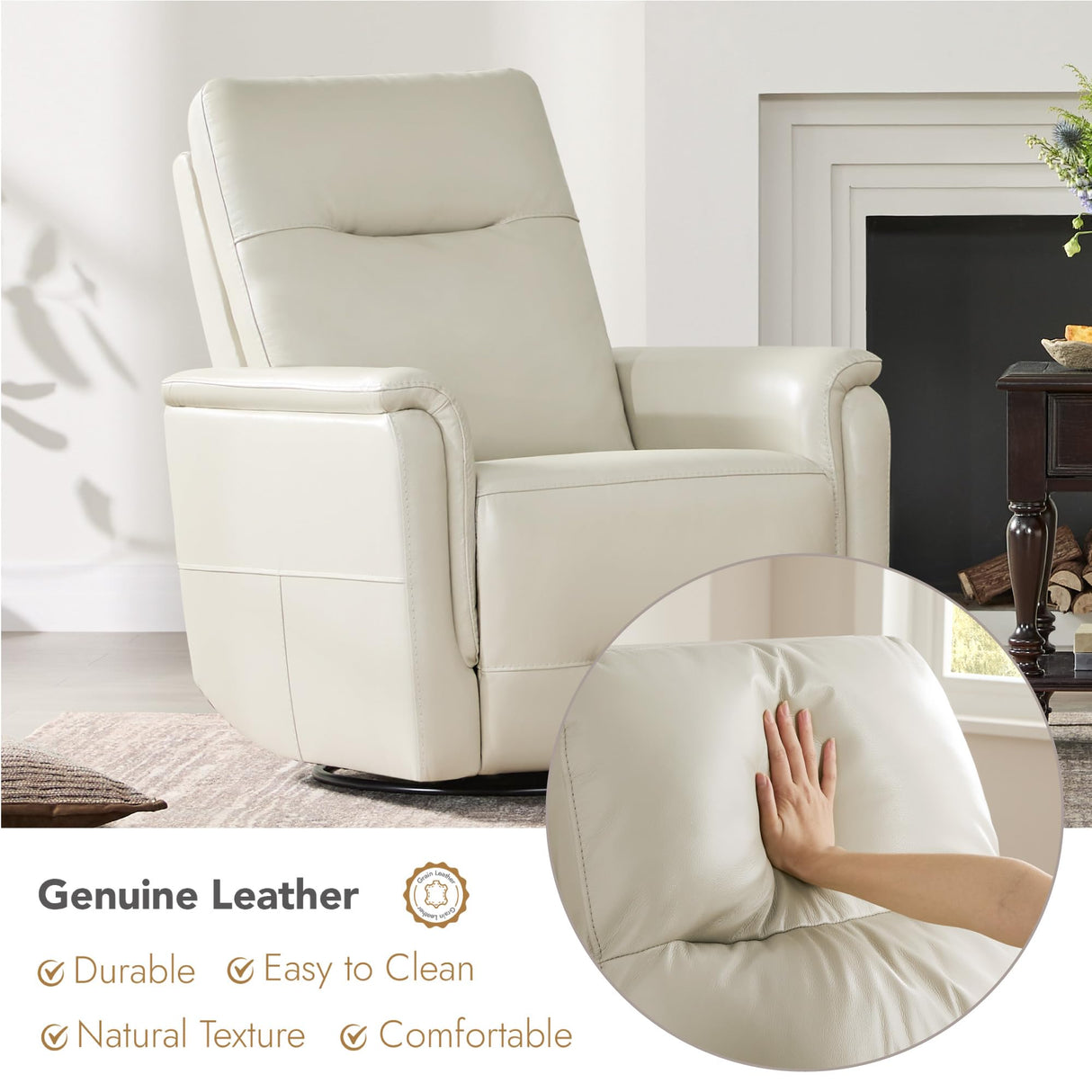 Watson & Whitely Genuine Leather Power Recliner Chairs W Power Headrest for Adults, Swivel Glider Recliner Chair W Charging Ports for Living Room, Light Grey Watson & Whitely