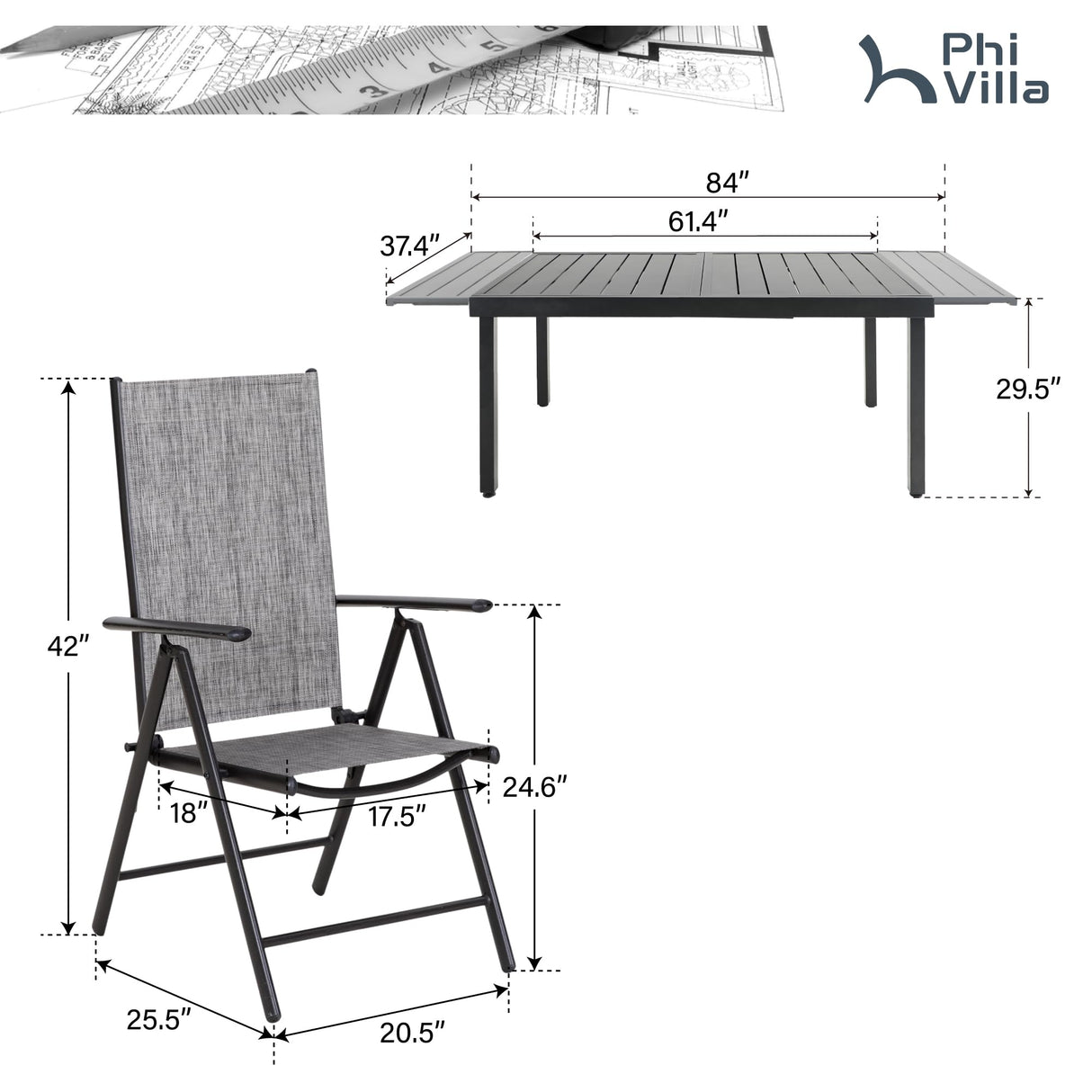 PHI VILLA 9 Piece Outdoor Dining Set, All Weather Furniture Patio Table and Chairs for 8 with Adjustable Lightweight Patio Folding Dining Chairs (Grey) & Extendable Metal Table for Garden, Yard PHI VILLA