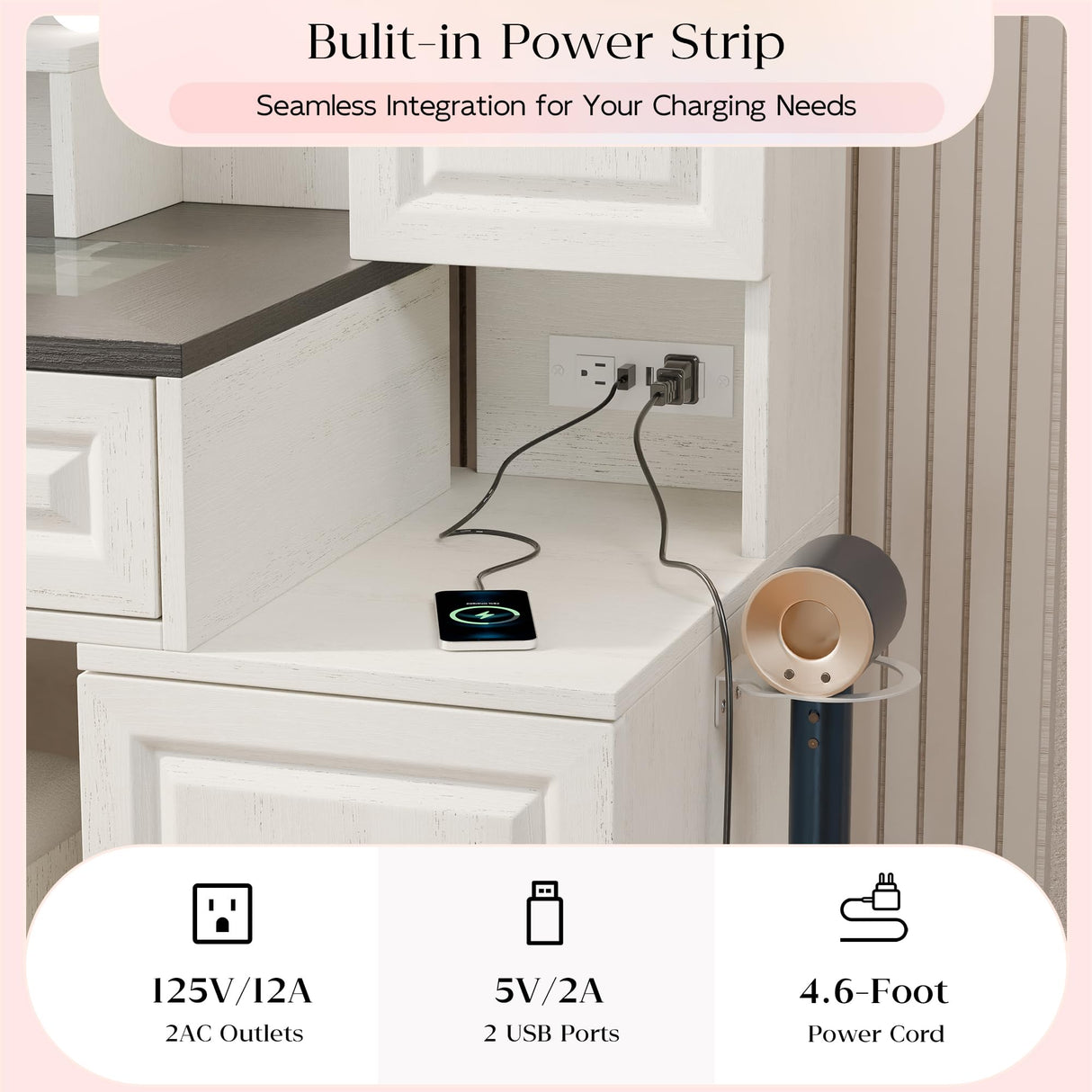 Buytime Farmhouse Makeup Vanity with Charging Station, Vanity Desk with Lights Mirror and Drawers, Glass Top Makeup Vanity with Jewelry Cabinet, Hairdryer Holder and Stool for Bedroom, Off White Buytime
