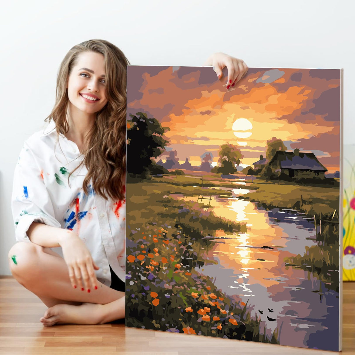 Paint by Numbers Kit for Adults Beginner, Countryside Sunset Adult Paint by Number Kits on Canvas Without Frame, Riverside Cabin Oil Paint by Numbers for Home Decor Gift 16” W x 20”L Fountor