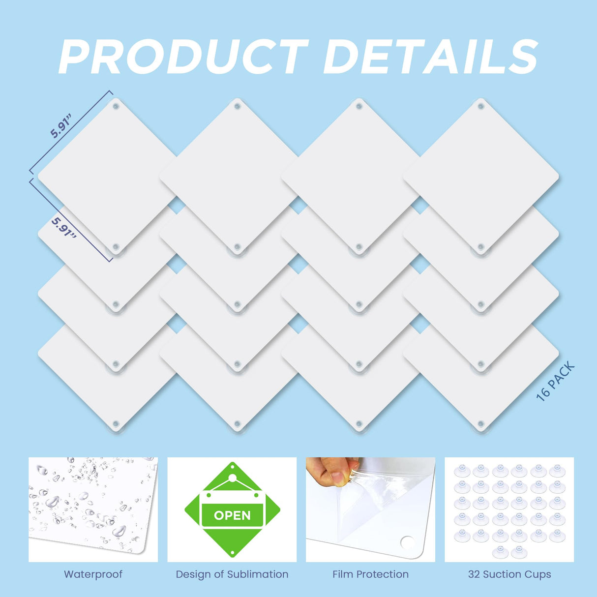 Metal Sublimation Signs, 16 Pack 6" x 6" Sublimation Blanks Suction Cup Car Window Sign, Custom Metal Signs for Hanging SMASMILE