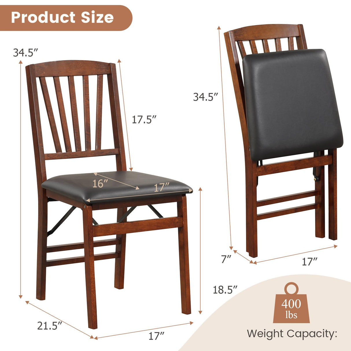KOTEK Folding Dining Chairs Set of 2, Wooden Kitchen Chairs with Padded Seat & Solid Wood Frame, 400 LBS Weight Capacity, No Assembly Foldable Chair for Dining Room, Living Room KOTEK
