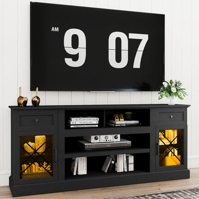 ENOUSHU 70 Inch Farmhouse TV Stand Table for 75 80 inch TV, Modern Entertainment Center with LED Lights and Glass Doors, Wooden Black TV Stands for Living Room