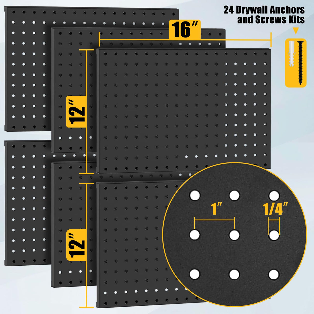 PBHEPJ 6 Pcs Metal Pegboard Panels, Heavy Duty Peg Boards for Garage and Garden Tool Storage, Includes Drywall Anchors and Screws Kits, Black (6 pcs 16in x 12in) PBHEPJ