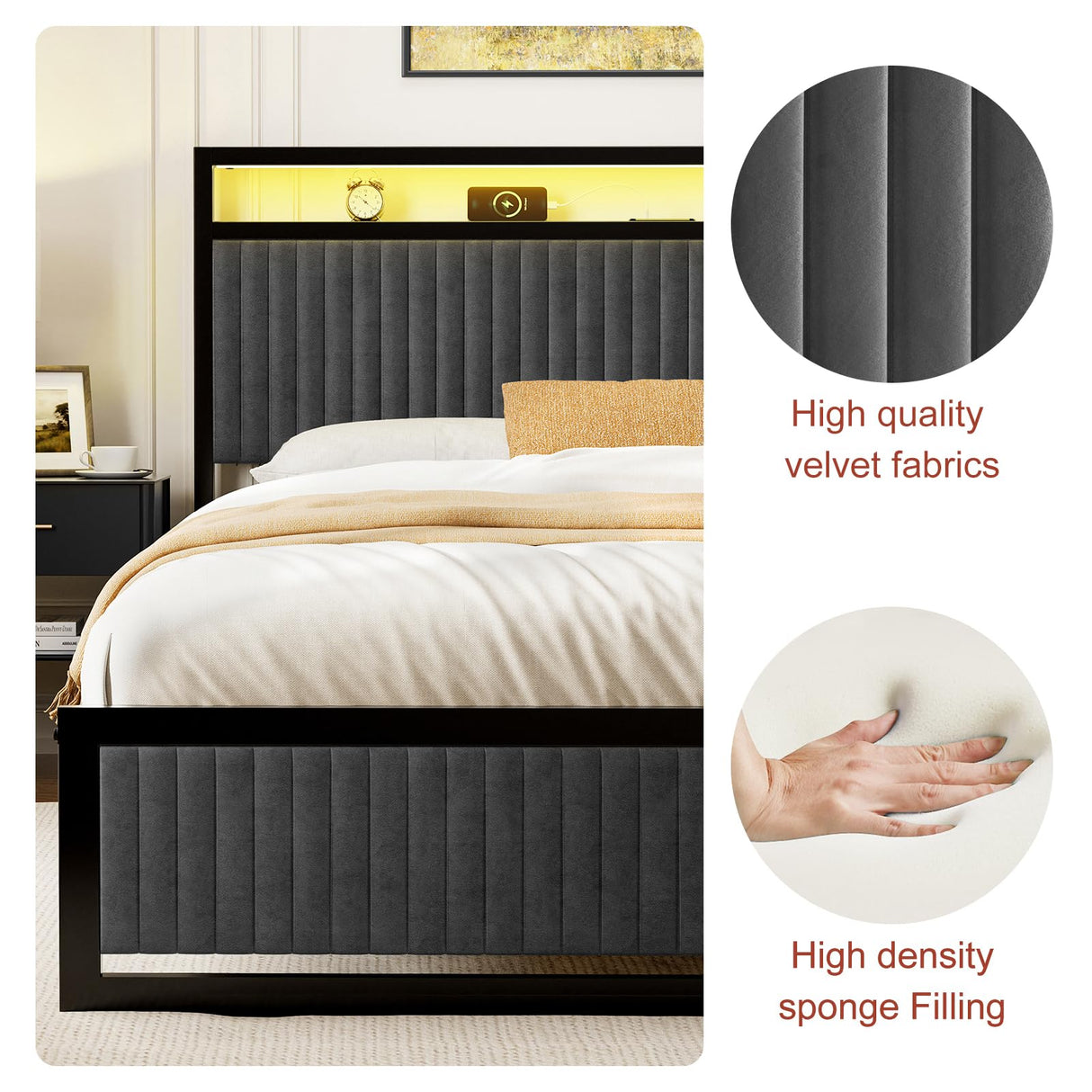 ROLETALENT Full Size Bed Frame with Headboard and Storage,Upholstered Bed Frame Full with Charging Station & LED,Velvet Platform Bed Frame with 2 Drawers,Metal Support,No Box Spring Needed,Dark Grey ROLETALENT