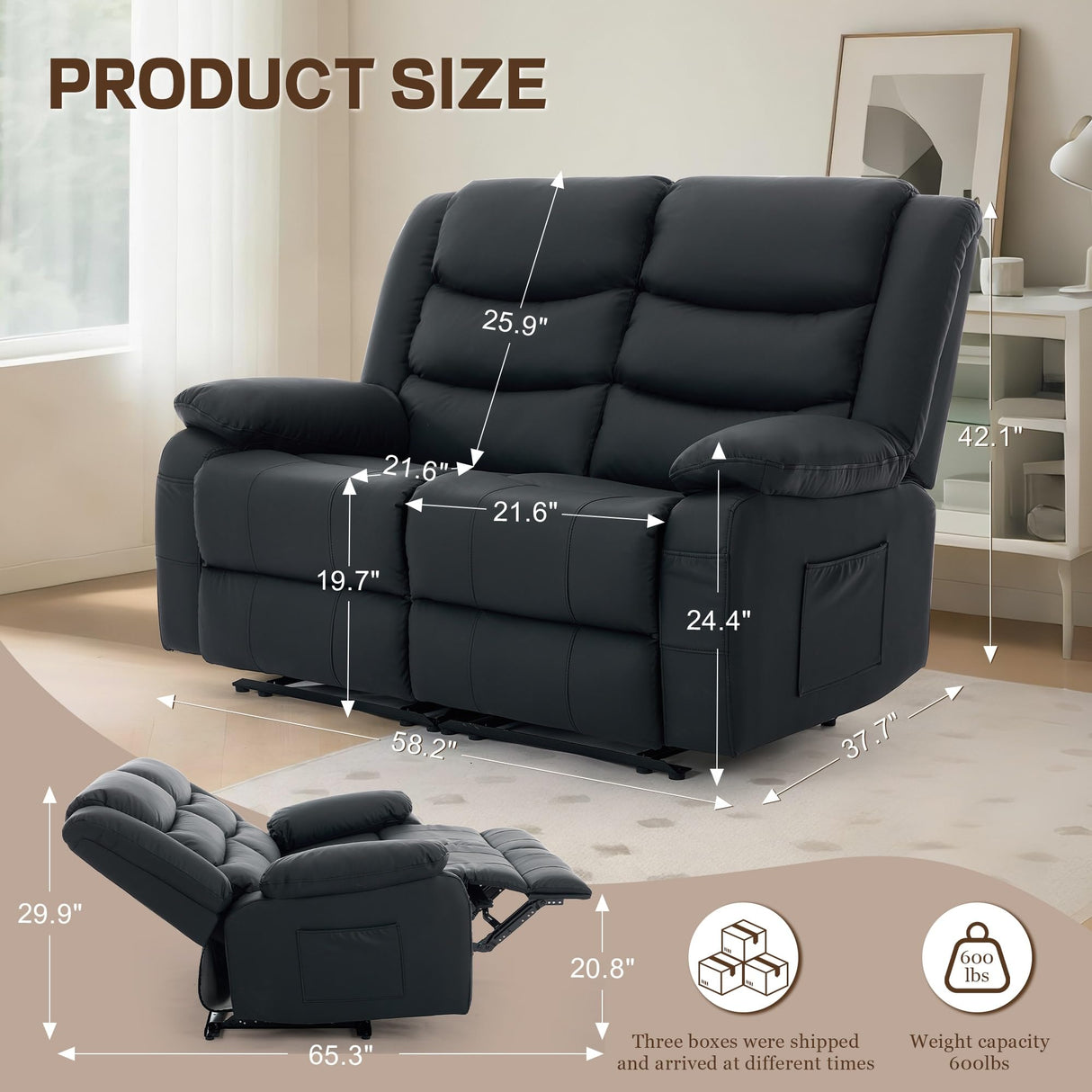 Korser Loveseat Recliner Sofa for RV Furniture and Theater Seating, Wall Hugger Loveseat Recliner, Oversized Loveseats Couch with Front Porckets&Side Pockets, Fabric, Black Korser