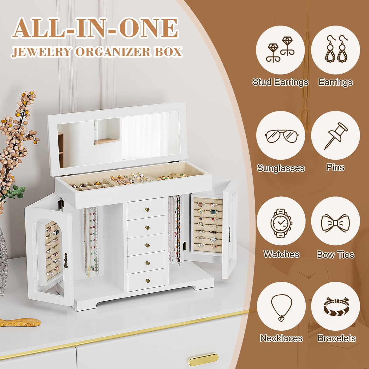 Miratino Jewelry Box for Women Girls, Wooden Jewelry Organizer Box with Mirror, 5 Layer Jewelry Storage Case Display for Necklaces Earrings Rings Bracelets Valentine's Day Gifts Miratino